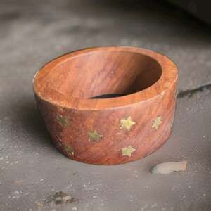Statement Wood Bangle Bracelet With Brass Stars Inlayed 1⅜" Wide